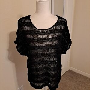 Eileen Fisher Sequin Chainmail Shadow Stripe Black Knit Boxy Sweater Top L EUC
